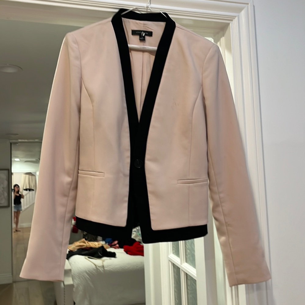 Taupe fitted blazer with black trim